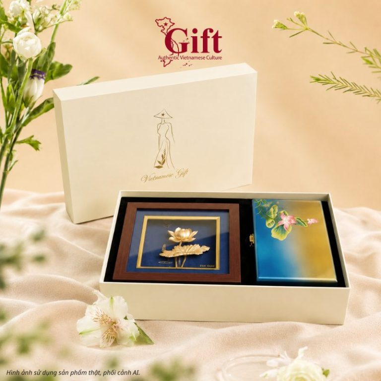 set quà tặng hoa sen - quà tặng sếp đối tác tranh đồng mạ vàng 24k hộp sơn mài