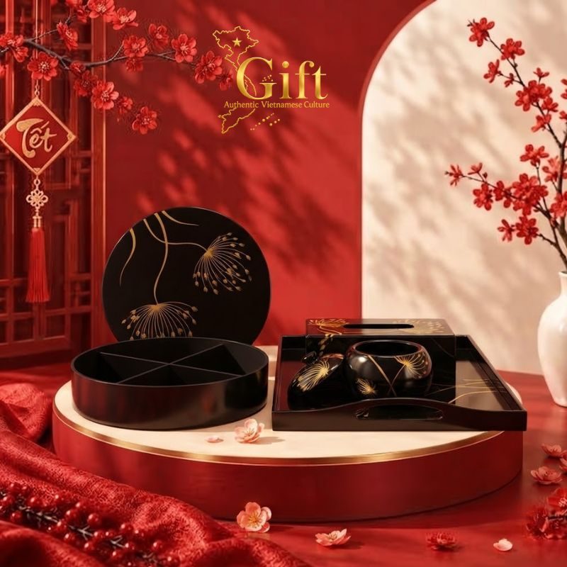 Bộ sản phẩm sơn mài khay, hộp khăn giấy, hũ mứt