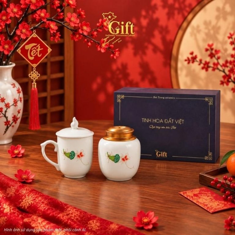 Set quà Tết Tinh Hoa Đất Việt, ly sứ và hũ đựng trà