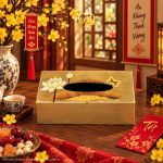 Hộp khăn giấy sơn mài vẽ sen đắp vàng đồng bộ cao cấp