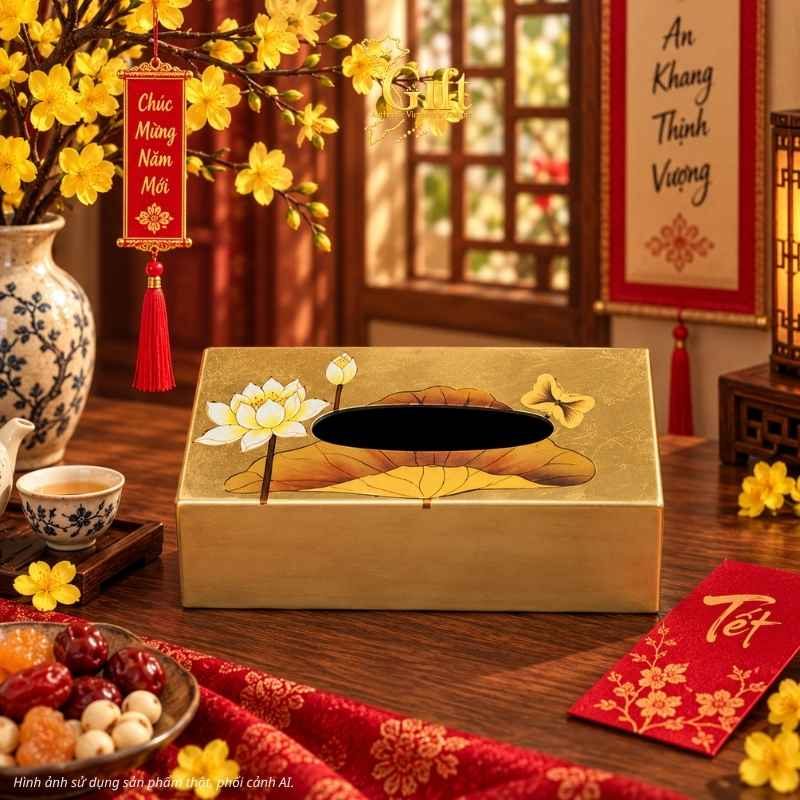 Hộp khăn giấy sơn mài vẽ sen đắp vàng đồng bộ cao cấp