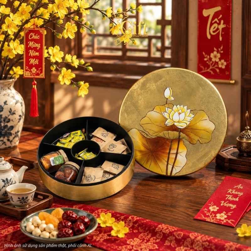 Hộp mứt Tết sơn mài tròn 5 ngăn vẽ sen đắp vàng thủ công sang trọng