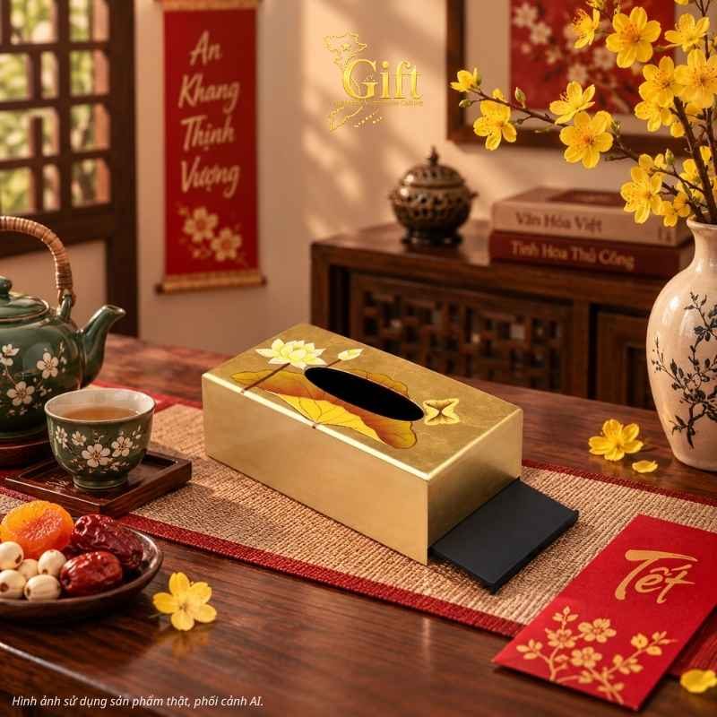 Hộp khăn giấy sơn mài vẽ sen đắp vàng đồng bộ cao cấp