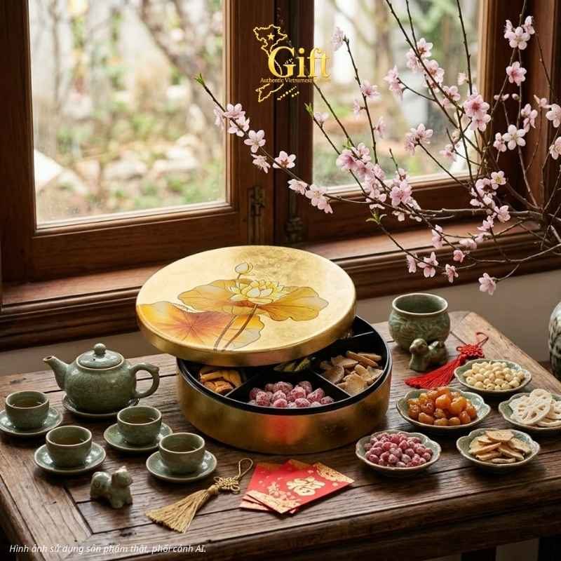 Hộp đựng mứt Tết sơn mài tròn 5 ngăn vẽ sen đắp vàng thủ công