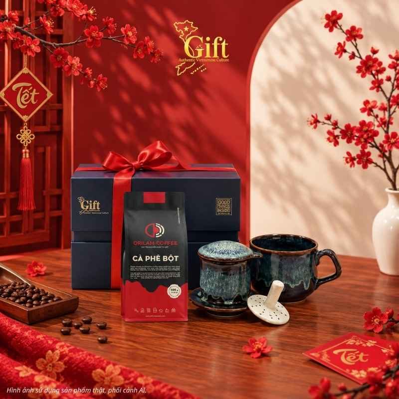 Set quà Tết phin cà phê và cà phê rang xay in logo doanh nghiệp từ SGIFT
