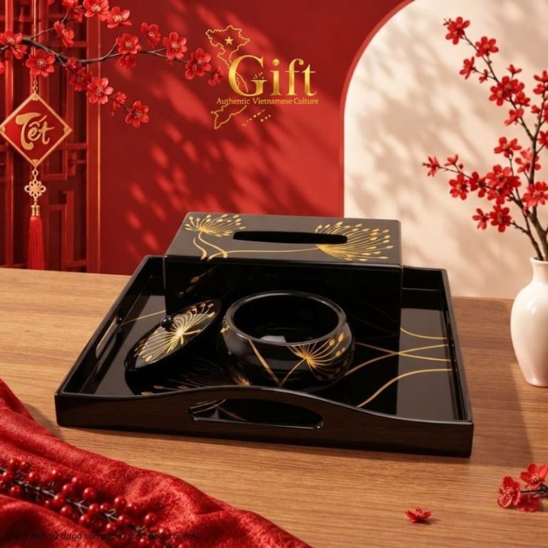 Bộ sản phẩm sơn mài khay, hộp khăn giấy, hũ mứt - Quà tặng Tết