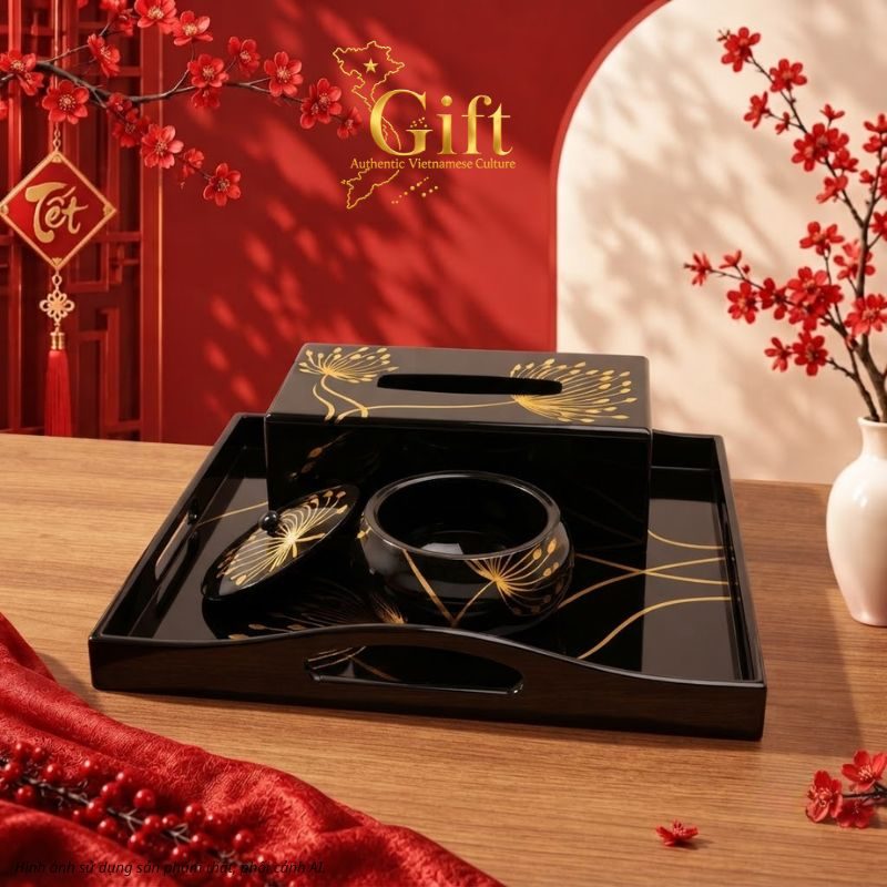 Bộ sản phẩm sơn mài khay, hộp khăn giấy, hũ mứt - Quà tặng Tết