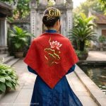 Khăn Lụa Tơ Tằm Thêu Hoa Sen Họa Tiết Trống Đồng 90x90cm