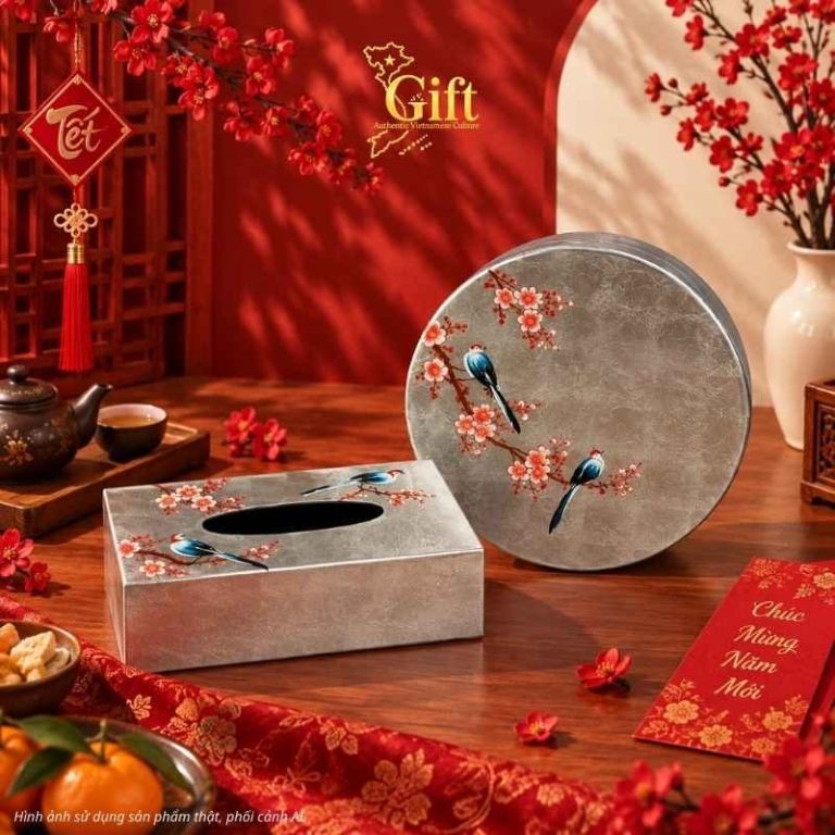 Hộp Mứt Sơn Mài Chim Đào Đắp Bạc SGIFT