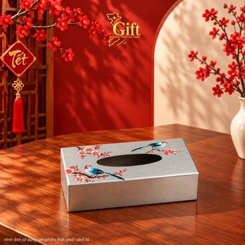 hộp khăn giấy sơn mài dát bạc