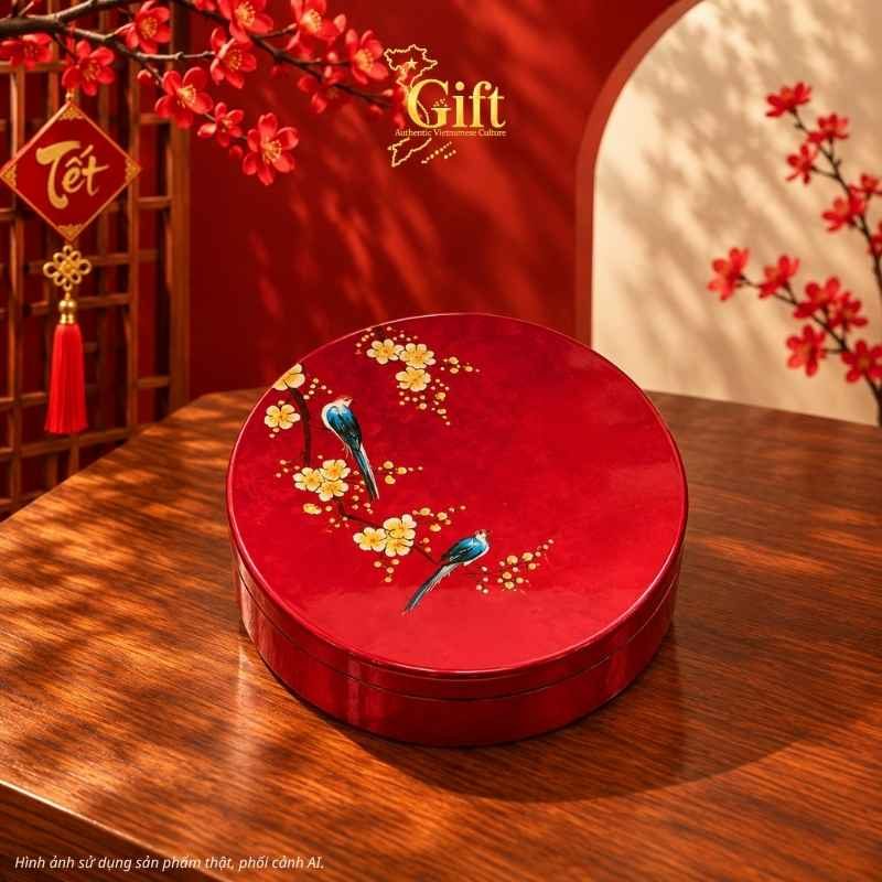 hộp mứt sơn mài tròn màu đỏ