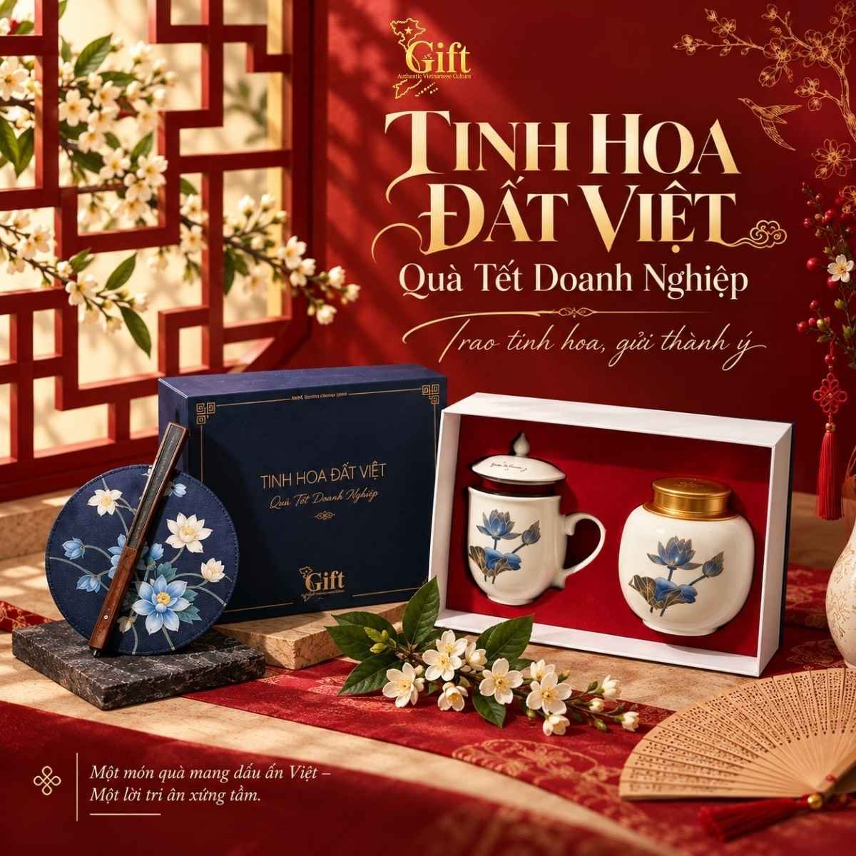Set Quà Tết Tinh Hoa Đất Việt (Ly Sứ & Hũ Đựng Trà Gốm Bát Tràng In Logo)