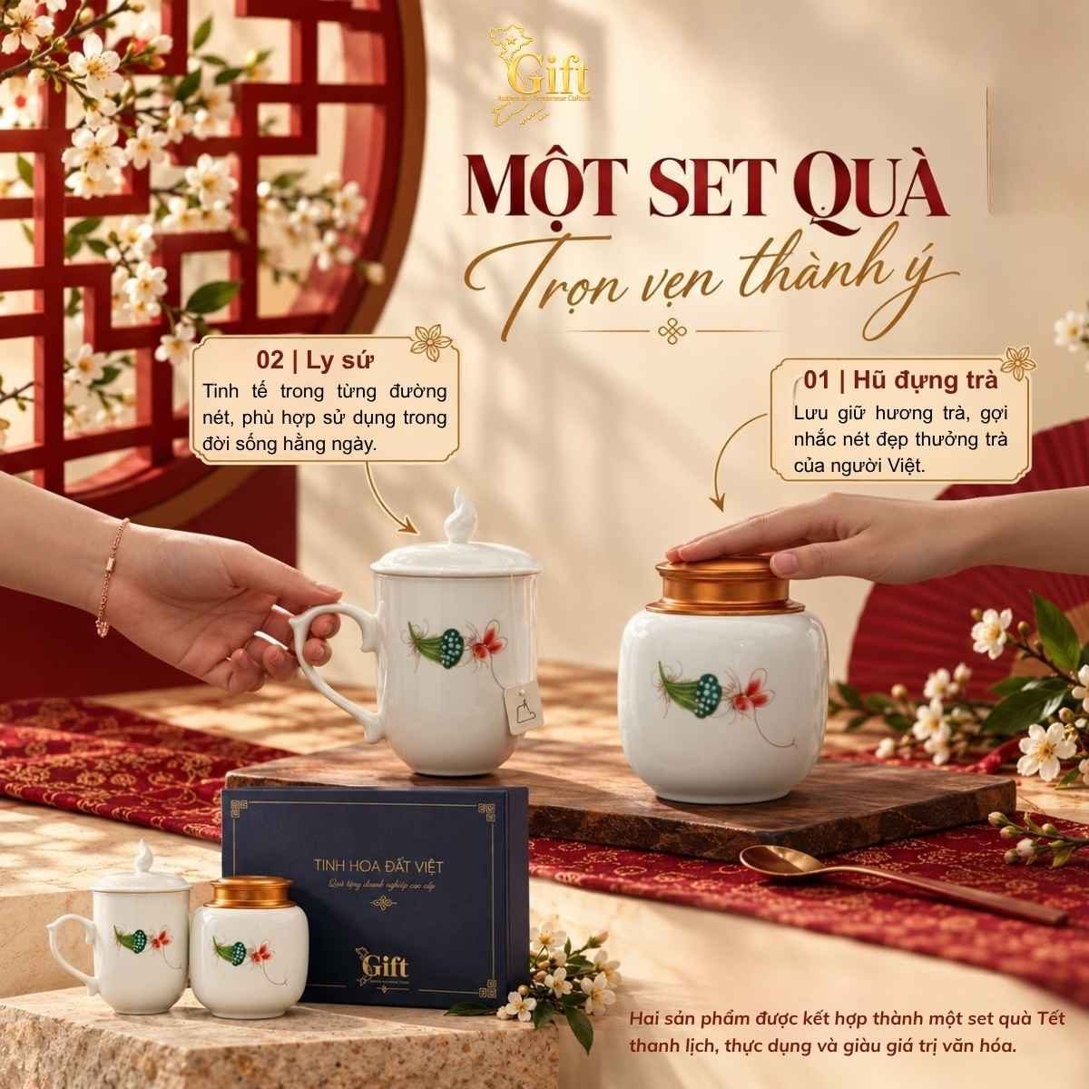 Set Quà Tết Tinh Hoa Đất Việt (Ly Sứ & Hũ Đựng Trà Gốm Bát Tràng In Logo)