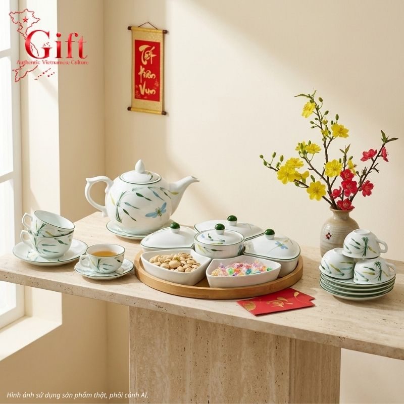 Bộ bình trà và hũ đựng mứt gốm - Quà tết doanh nghiệp