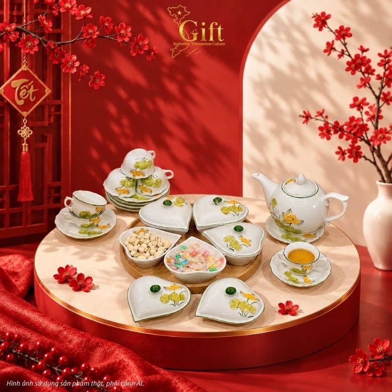 Bộ bình trà và hũ đựng mứt gốm - Quà tết doanh nghiệp