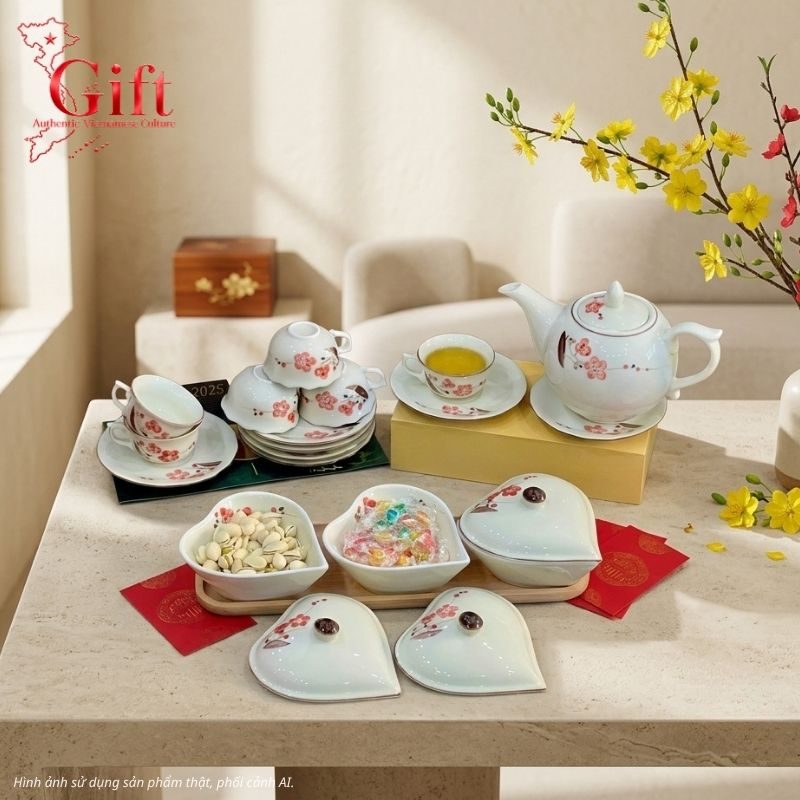 Bộ bình trà và hũ đựng mứt gốm - Quà tết doanh nghiệp
