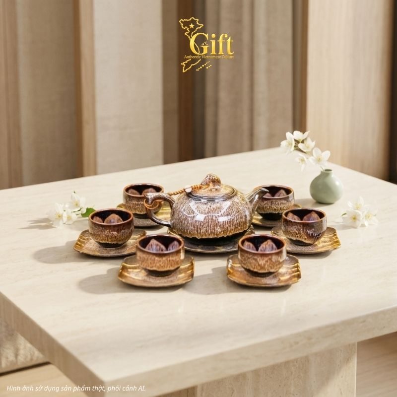 Bộ bình trà gốm sứ và khay sơn mài - Quà tết doanh nghiệp
