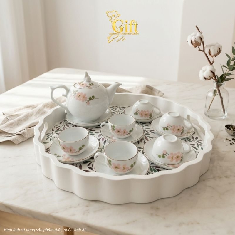 Bộ bình trà gốm sứ và khay sơn mài - Quà tết doanh nghiệp