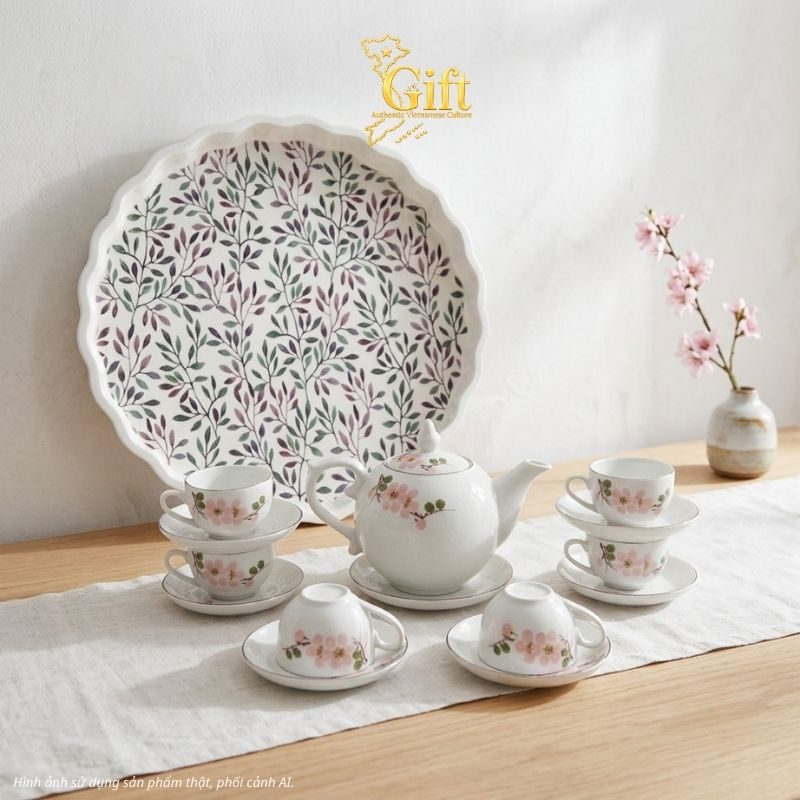 Bộ bình trà gốm sứ và khay sơn mài - Quà tết doanh nghiệp