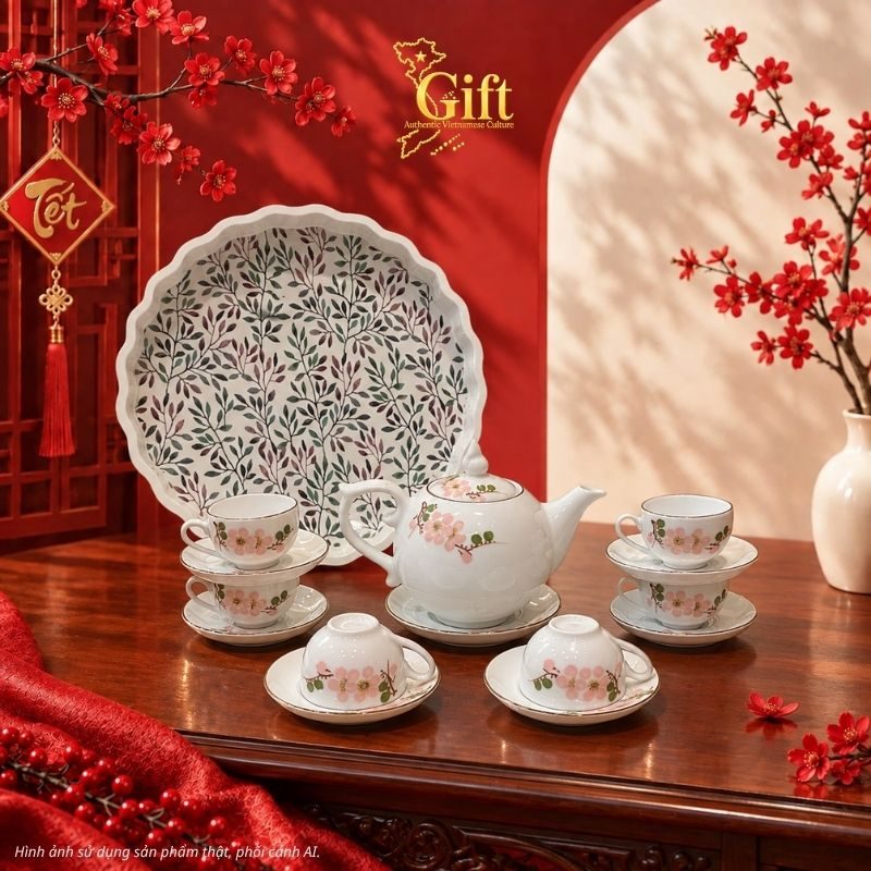 Bộ bình trà gốm sứ và khay sơn mài - Quà tết doanh nghiệp