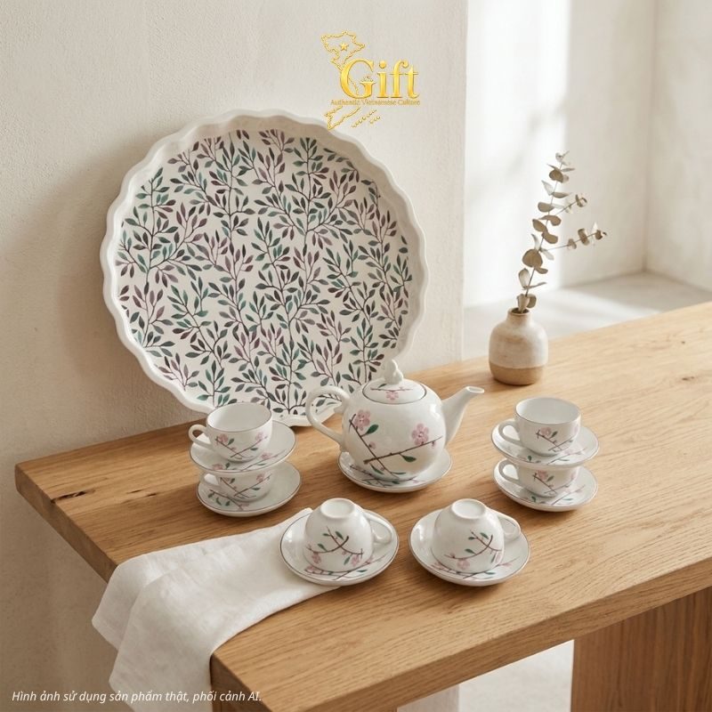 Bộ bình trà gốm sứ và khay sơn mài - Quà tết doanh nghiệp