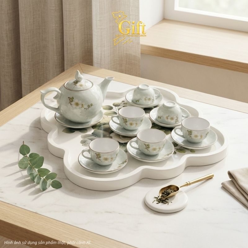 Bộ bình trà gốm sứ và khay sơn mài - Quà tết doanh nghiệp