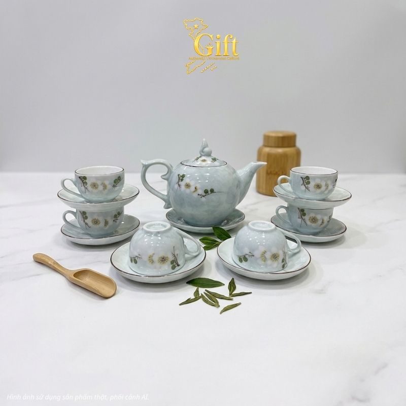 Bộ bình trà gốm sứ và khay sơn mài - Quà tết doanh nghiệp