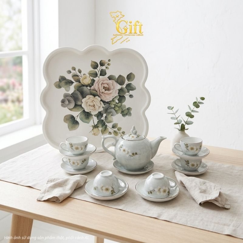 Bộ bình trà gốm sứ và khay sơn mài - Quà tết doanh nghiệp