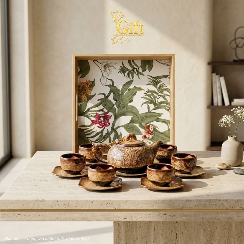 Bộ bình trà gốm sứ và khay sơn mài - Quà tết doanh nghiệp