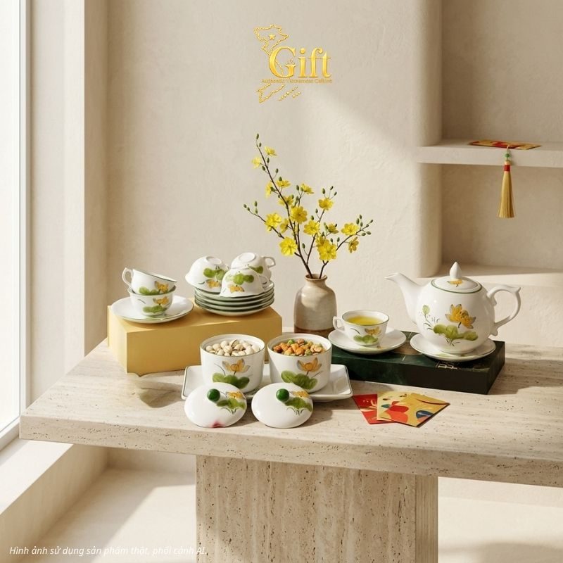 Bộ bình trà và hũ đựng mứt gốm - Quà tết doanh nghiệp