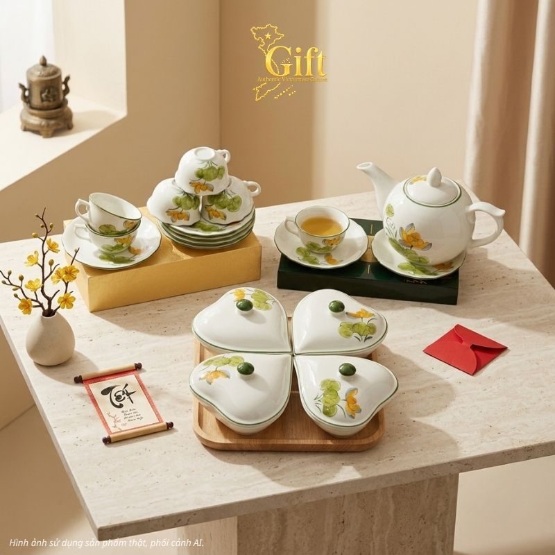 Bộ bình trà và hũ đựng mứt gốm - Quà tết doanh nghiệp