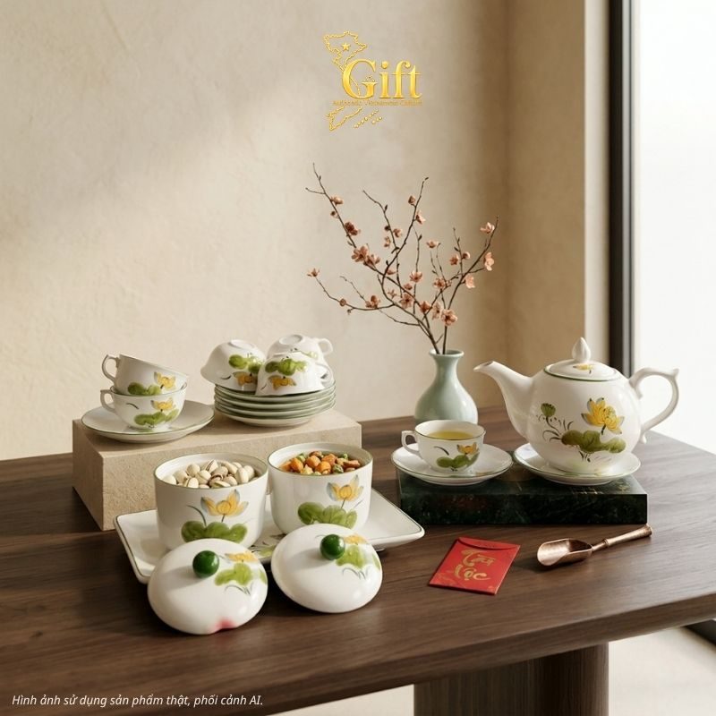 Bộ bình trà và hũ đựng mứt gốm - Quà tết doanh nghiệp