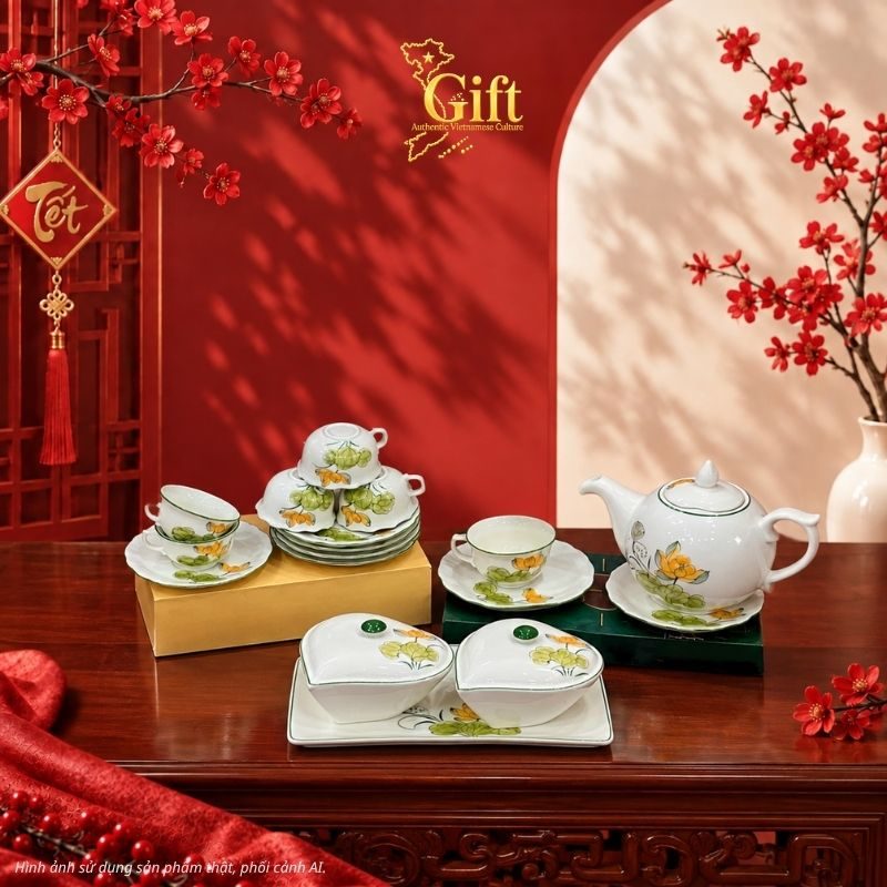 Bộ bình trà và hũ đựng mứt gốm - Quà tết doanh nghiệp
