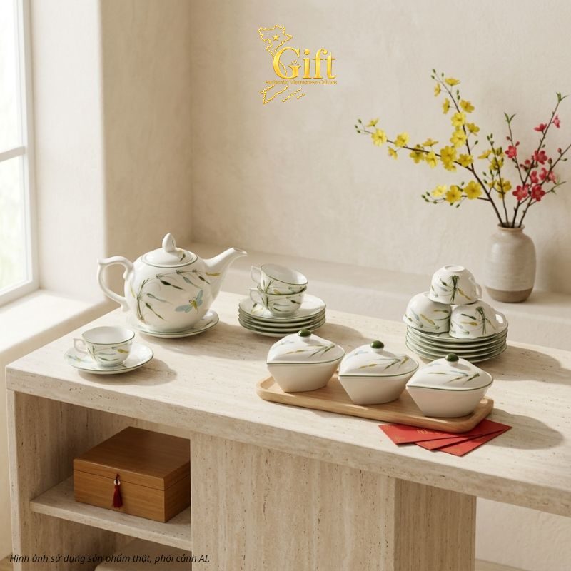 Bộ bình trà và hũ đựng mứt gốm - Quà tết doanh nghiệp