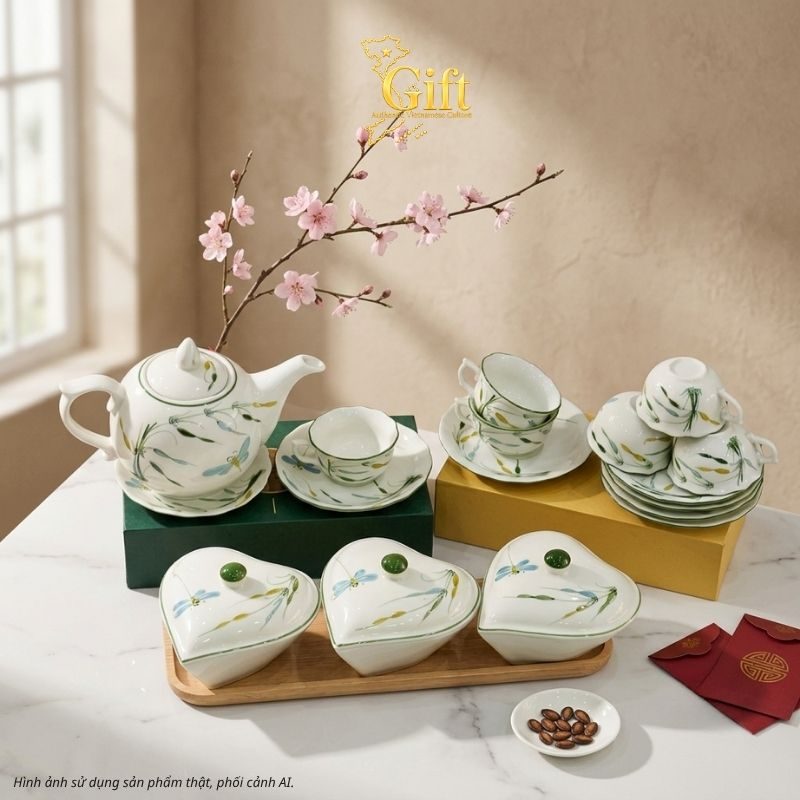 Bộ bình trà và hũ đựng mứt gốm - Quà tết doanh nghiệp
