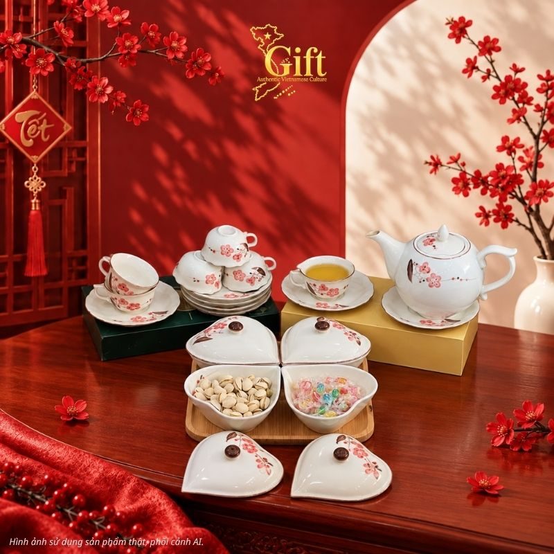 Bộ bình trà và hũ đựng mứt gốm - Quà tết doanh nghiệp