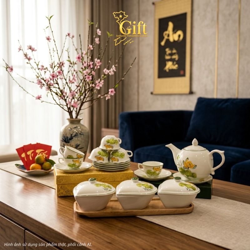 Bộ bình trà và hũ đựng mứt gốm - Quà tết doanh nghiệp