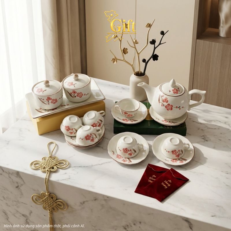 Bộ bình trà và hũ đựng mứt gốm - Quà tết doanh nghiệp