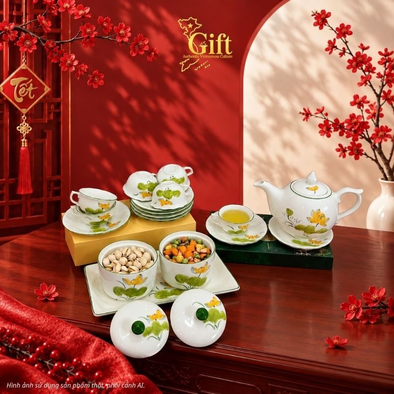 Bộ bình trà và hũ đựng mứt gốm - Quà tết doanh nghiệp