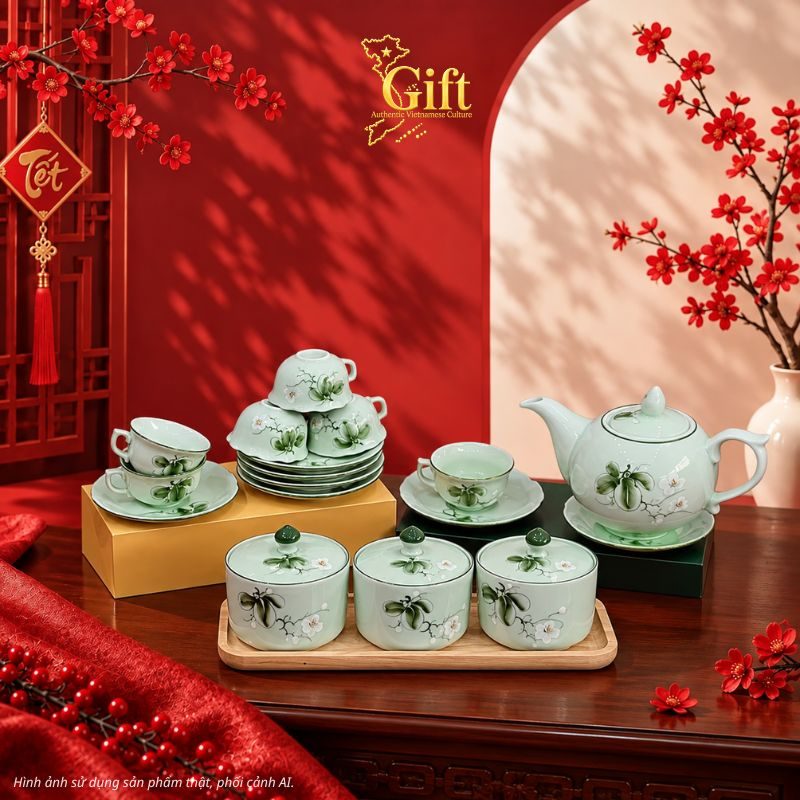 Bộ bình trà và hũ đựng mứt gốm - Quà tết doanh nghiệp