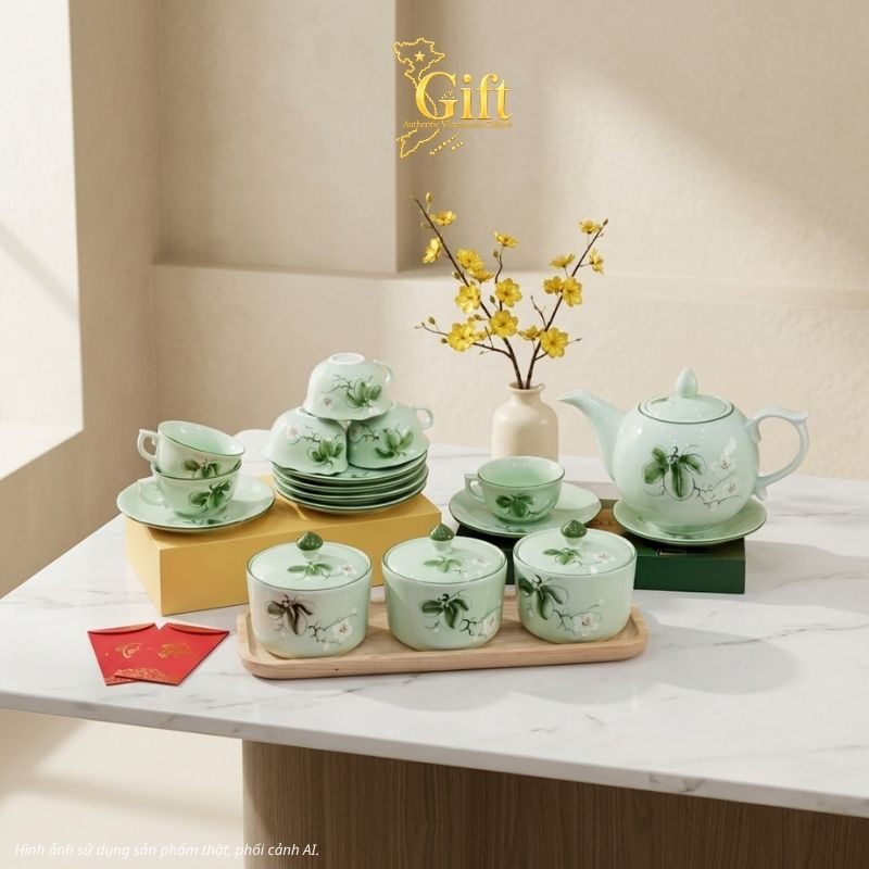 Bộ bình trà và hũ đựng mứt gốm - Quà tết doanh nghiệp