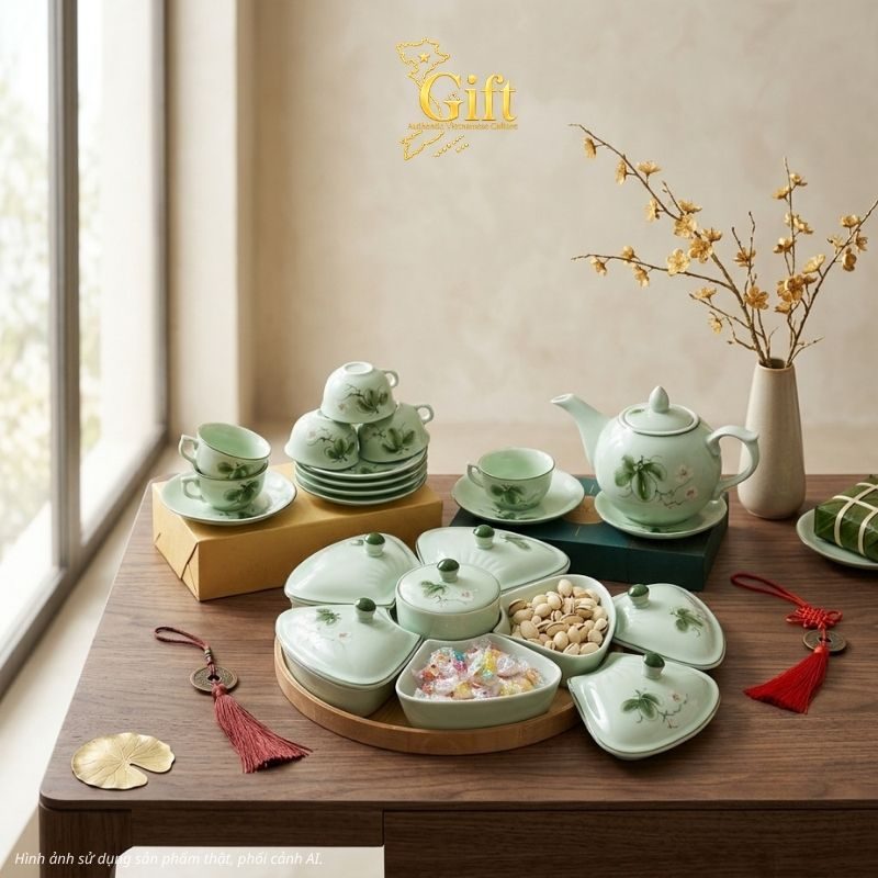 Bộ bình trà và hũ đựng mứt gốm - Quà tết doanh nghiệp