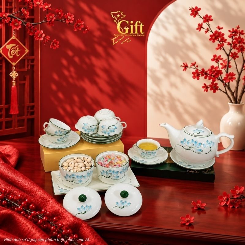 Bộ bình trà và hũ đựng mứt gốm - Quà tết doanh nghiệp