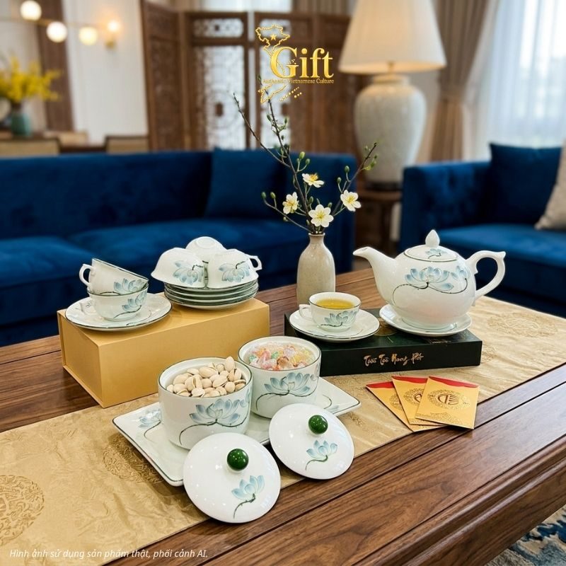 Bộ bình trà và hũ đựng mứt gốm - Quà tết doanh nghiệp