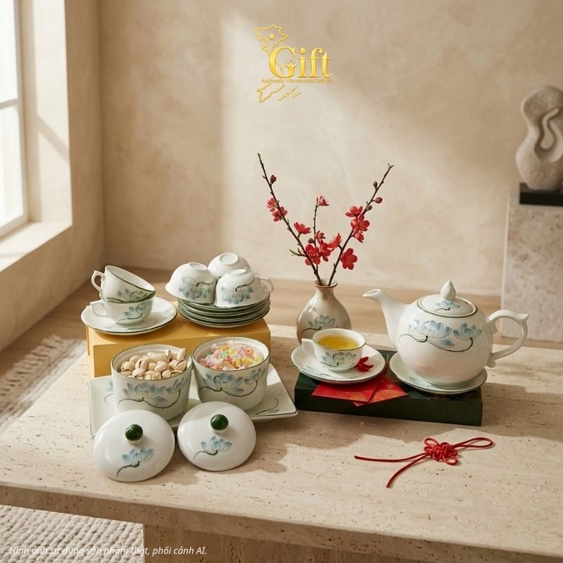 Bộ bình trà và hũ đựng mứt gốm - Quà tết doanh nghiệp