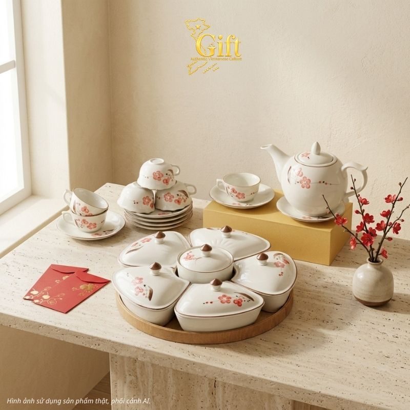 Bộ bình trà và hũ đựng mứt gốm - Quà tết doanh nghiệp