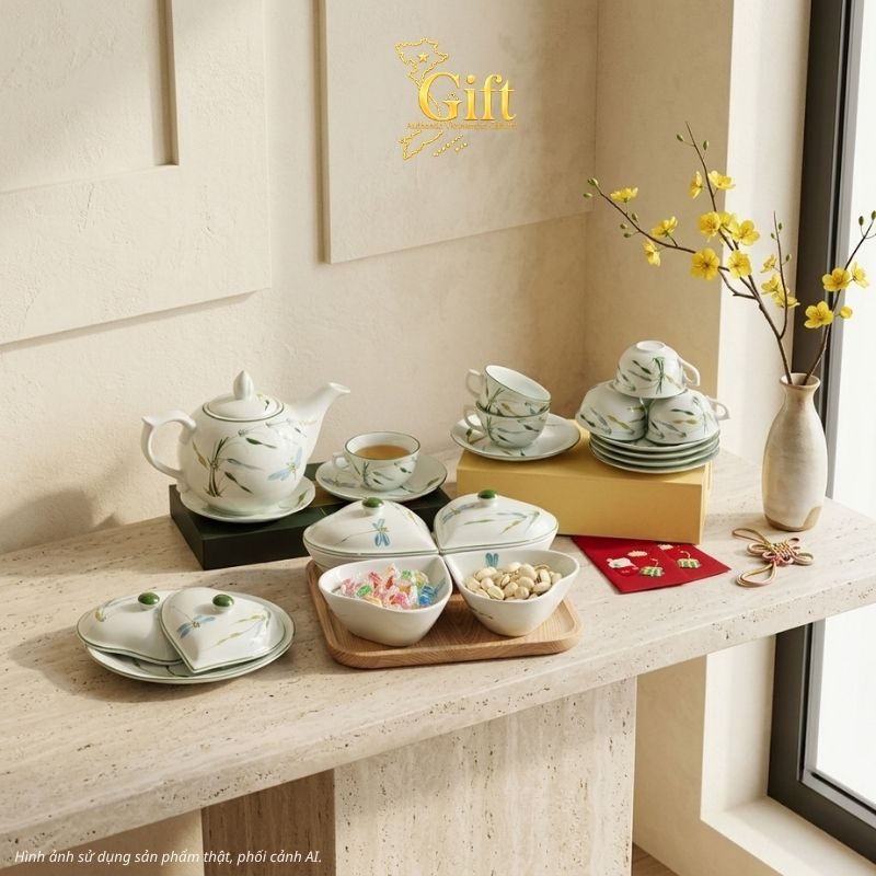 Bộ bình trà và hũ đựng mứt gốm - Quà tết doanh nghiệp