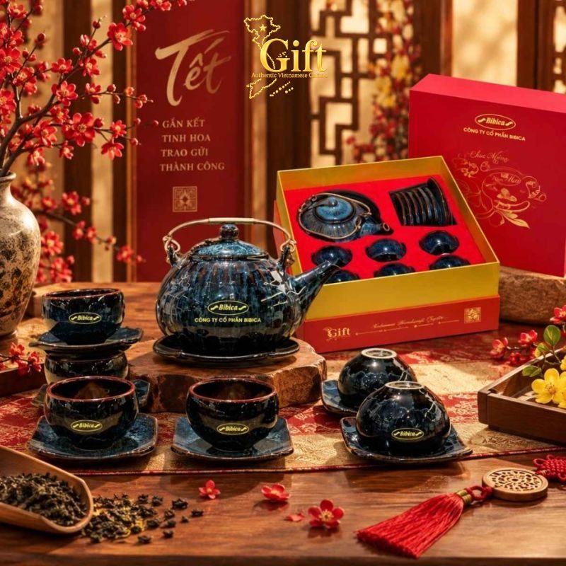 Dự án bộ bình trà tết men hỏa biến in logo công ty Bibica