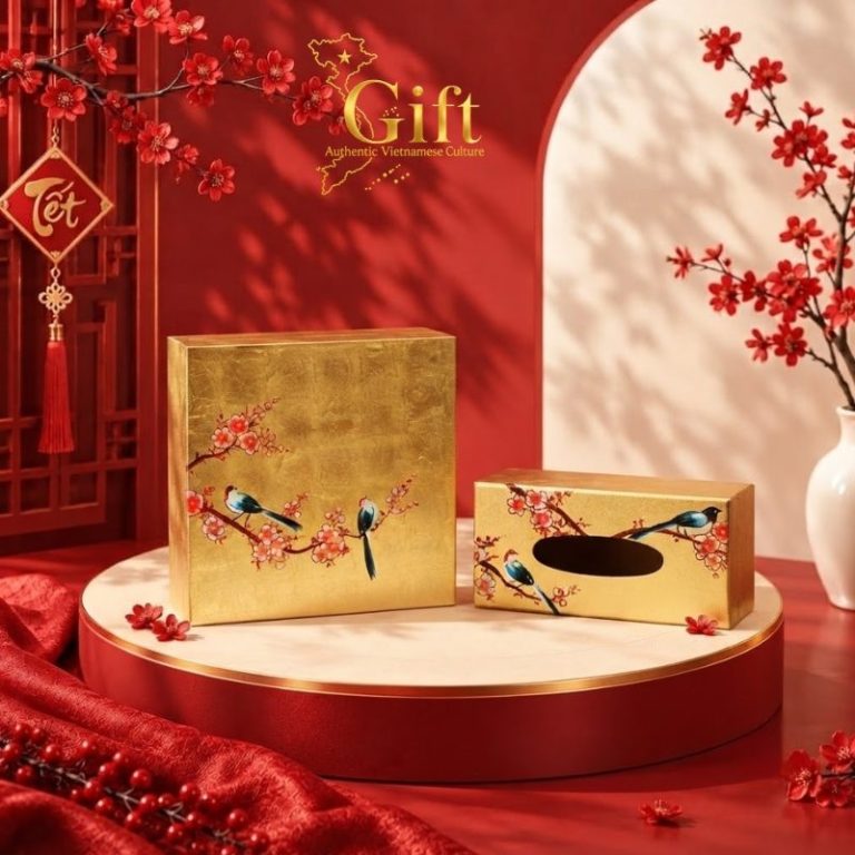 Bộ Sơn Mài Hộp Mứt Tết Vuông 4 Ngăn Vẽ Uyên Ương Đắp Vàng