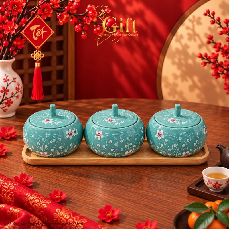 Quà Tết Bộ Hũ Mứt Gốm Sứ